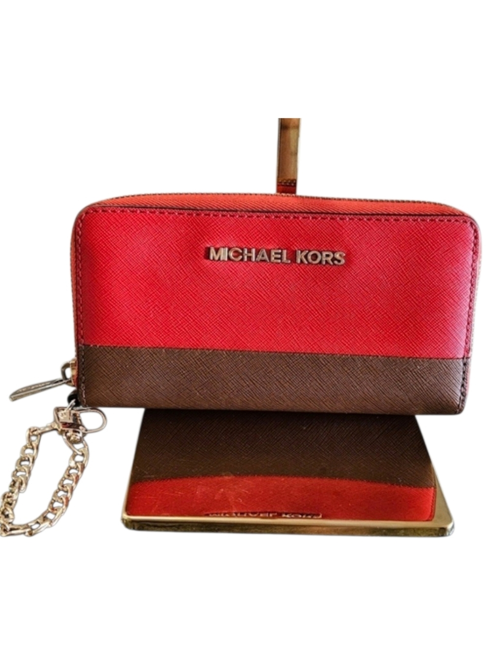 Michael Kors Colorblock Zip Around Wristlet Wallet Orange And Brown